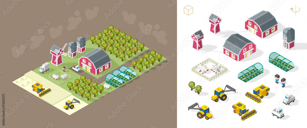 Isometric High Quality City Element on Brown Background . Farm