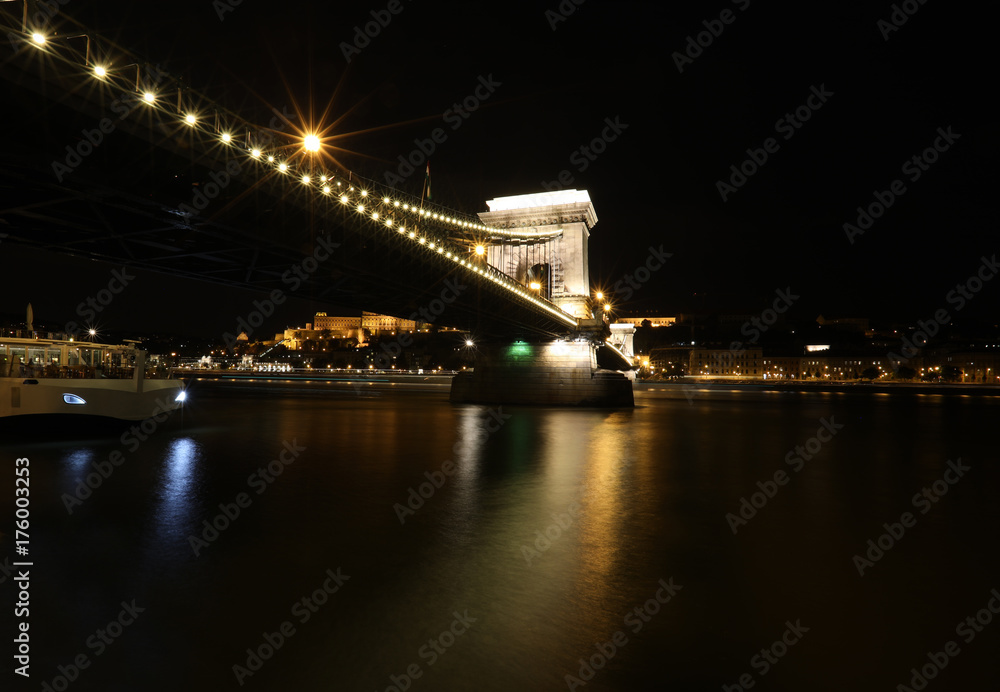 The famous Chain Bridge at night in Budapest