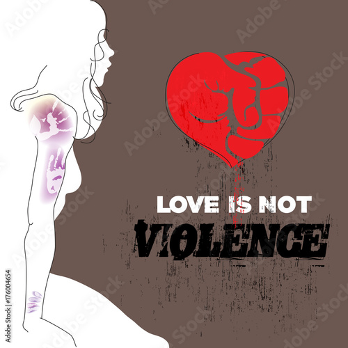 Abused young woman with bruises on arm and shoulder. Red heart, symbol of love formed as fist. Stop violence against women concept.