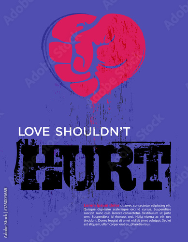 Red heart on purple background, symbol of love, formed as fist. Love shouldn’t hurt.  Stop violence against women concept.