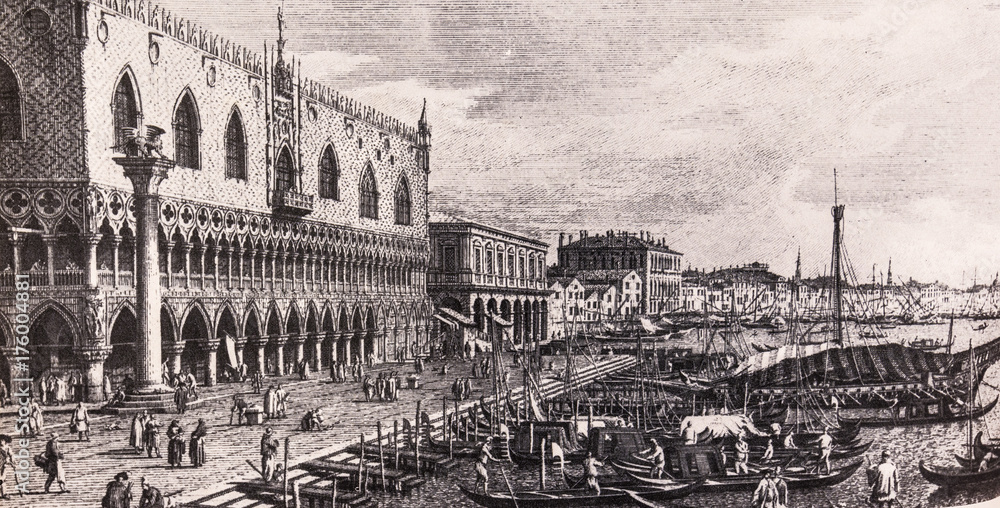 Obraz premium Venice, Italy: Panorama with the Riva degli Schiavoni. 18th century print.