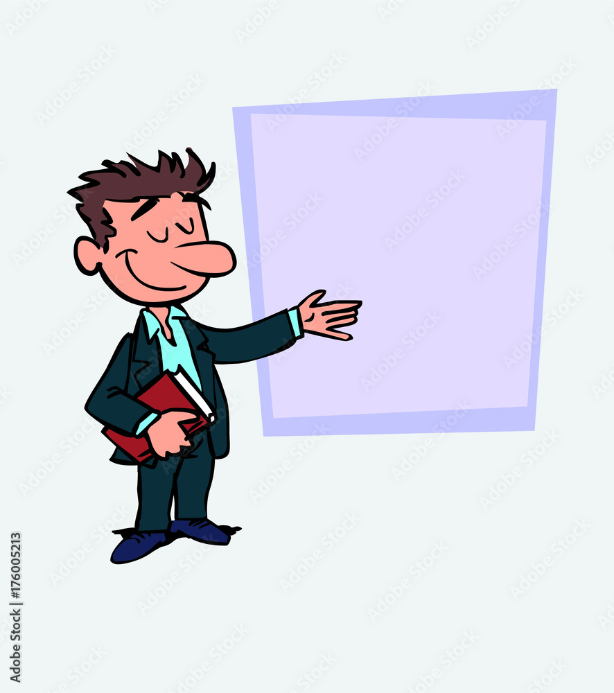 White businessman points, relaxed, with a book in his hand. Is showing, as in a presentation, the data you want. White businessman points, relaxed, with a book in his hand. Is showing, as in a presentation, the data you want.