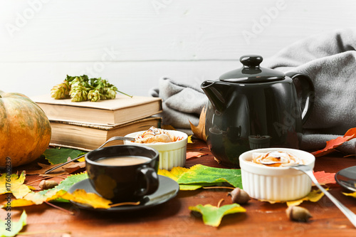 autumn breakfast in a rustic style on a wooden table