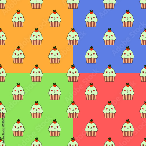 Cute cupcake kawaii character seamless set pattern with cherry and cute faces. Smiley blue cup cakes with cherry topping. Flat design Vector Illustration EPS