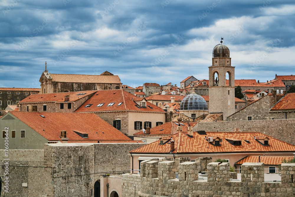 Churches, bell towers and roofs of houses in the city of Dubrovnik in Croatia.