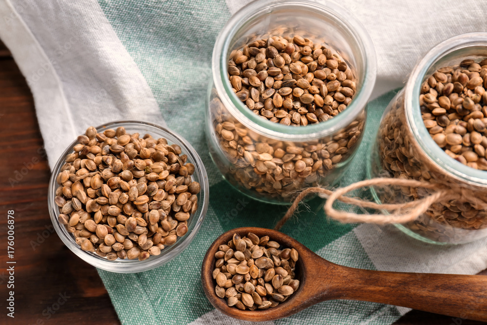 Composition with hemp seeds on table