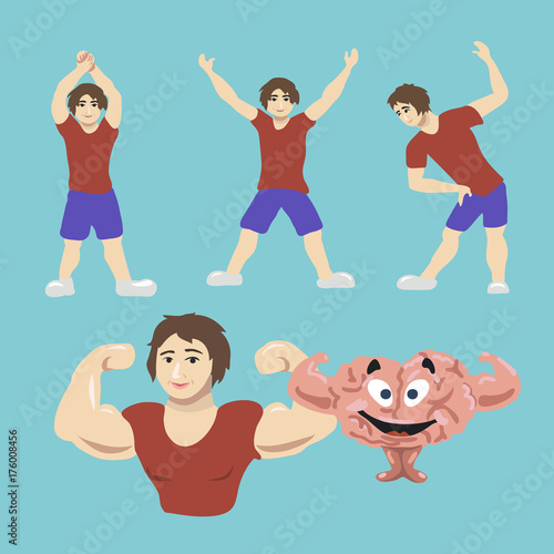 Train your brain. Young man workout for brain fitness. Motivation, health, thoughtful, mindfulness concept illustration vector.