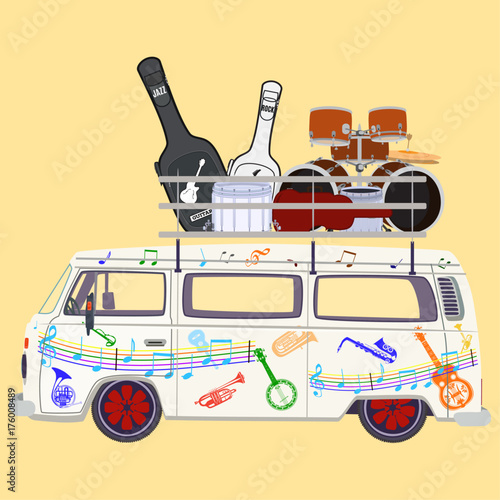Music tour bus vector flat illustration