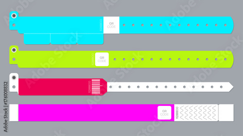 Set of clean bracelets for entrance to the event. Live performance entrance vector bracelets templates. Dance, Music or Concerts. entrance to fan zone