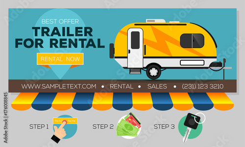 Web banner with Camping trailer for sale or rental. Caravan mobil home. Buying or rent camping trailer online. Vector illustration