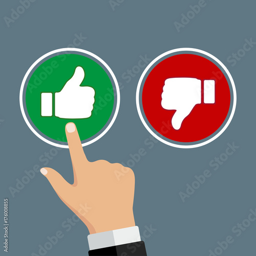 Male hand pressing positive review button. Customer feedback design template. Rating evaluation vector symbol.