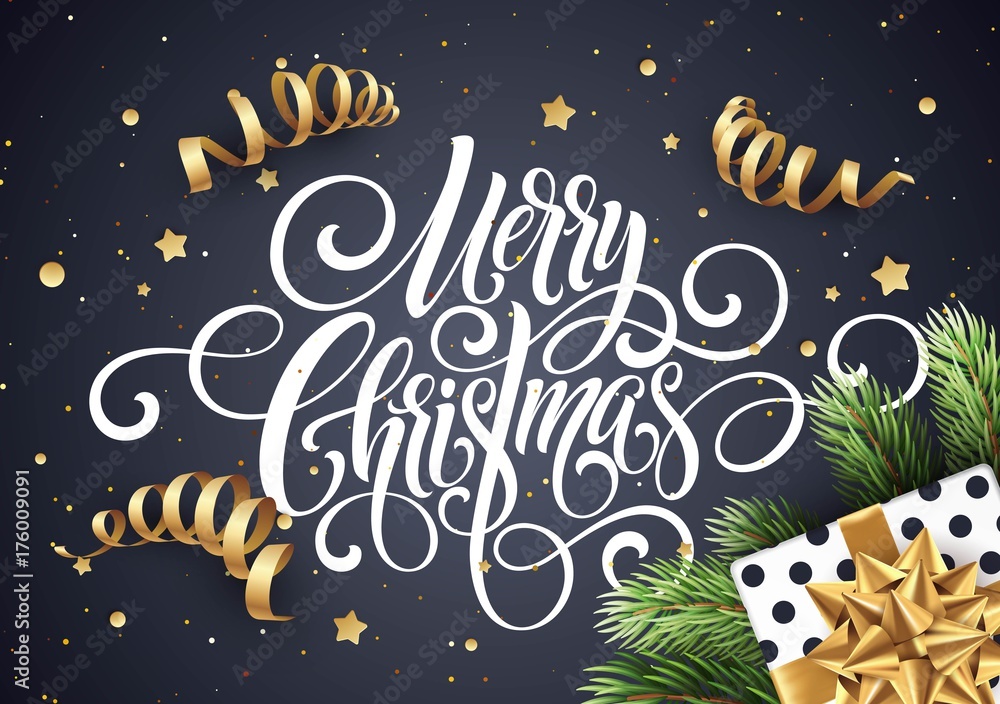 Fototapeta premium Merry Christmas handwriting script lettering. Christmas congratulatory background with a gift, streamers, confetti. Vector illustration