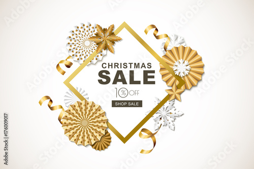 Christmas or New Year sale banner. Vector holiday frame with golden paper sta...