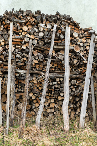 Fototapeta Naklejka Na Ścianę i Meble -  A pile of stacked firewood. Preparation for winter season. Ukraine