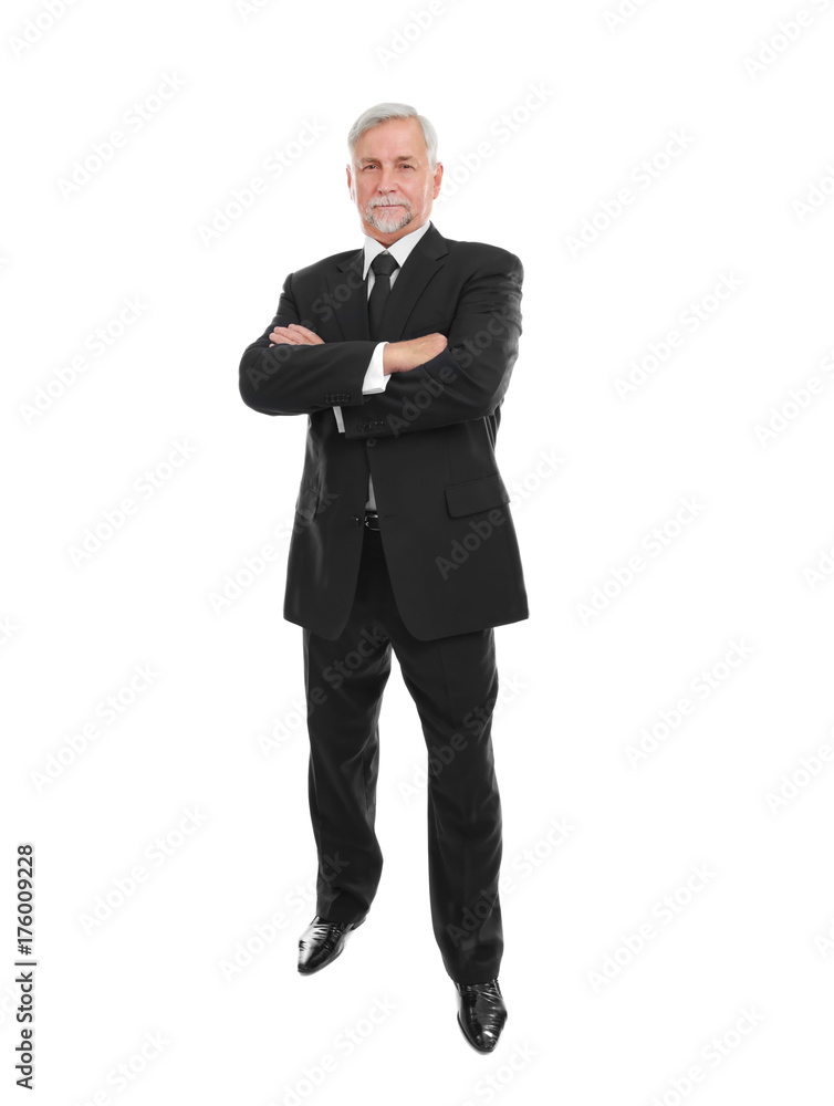 Elderly man in black suit on white background Elderly man in black suit on white background