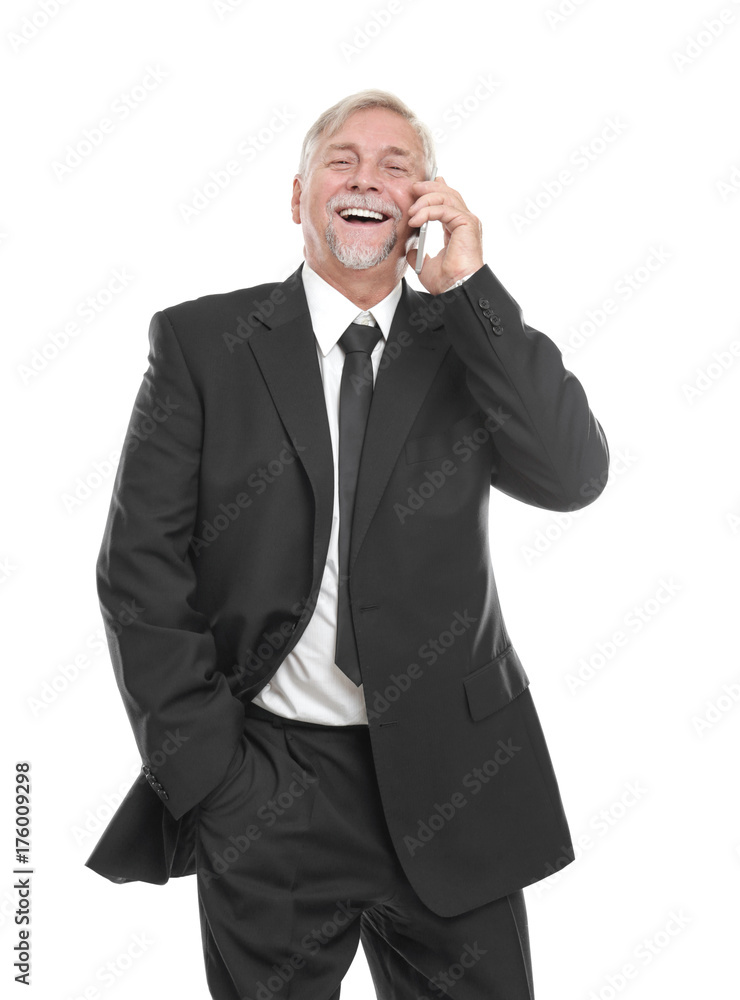 Elderly man talking by mobile phone on white background Elderly man talking by mobile phone on white background