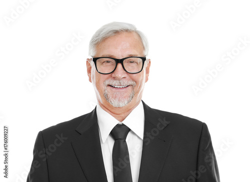 Konstfotografi Elderly man in black suit on white background