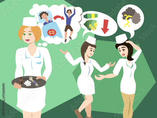 Nurses working for different reasons. Priorities in your job. Health, care, money, luxury concept illustration vector.