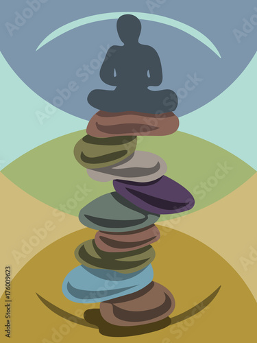 A man meditating in lotus pose on stack of nine zen stones. Patience, serenity, peace, balance, relaxation, mindful, meditation concept illustration vector.