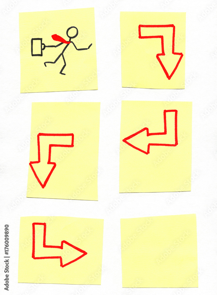 uneven yellow stickers on white paper background with running man with business briefcase following route arrows uneven yellow stickers on white paper background with running man with business briefcase following route arrows
