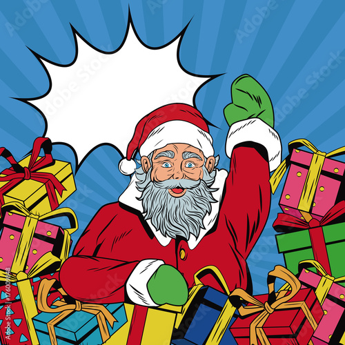 Santa claus with gifts Christmas pop art vector illustration graphic