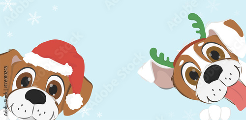 New 2018. Chinese year of the dog. Funny dogs with reindeer horns and Santa hat on a blue background with snowflakes. Colorful vector illustration. photo