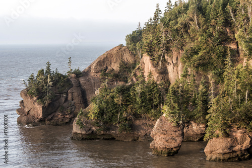 Sunrise famous Hopewell Rocks geologigal formations at low tide biggest tidal wave Fundy Bay New Brunswick Canada