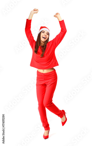 Emotional young woman in Santa Claus hat on white background