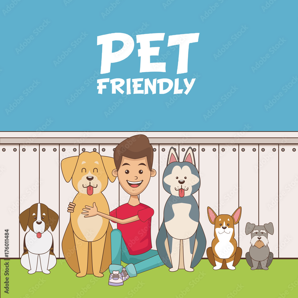 Fototapeta premium Boy with pets cartoon icon vector illustration graphic design