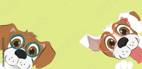 Funny dogs in fashionable glasses on a yellow background. Colorful vector illustration.