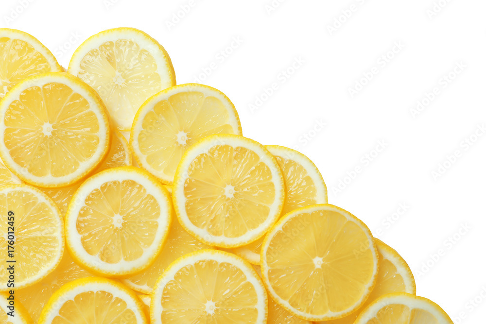 Ripe lemon slices on white background