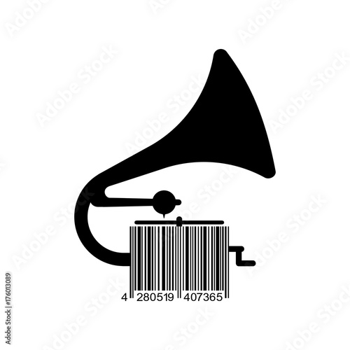Icono plano codigo de barras gramofono negro en fondo blanco