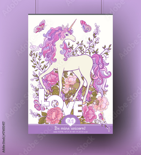 Poster with the unicorn, a bouquet of roses and butterflies on w