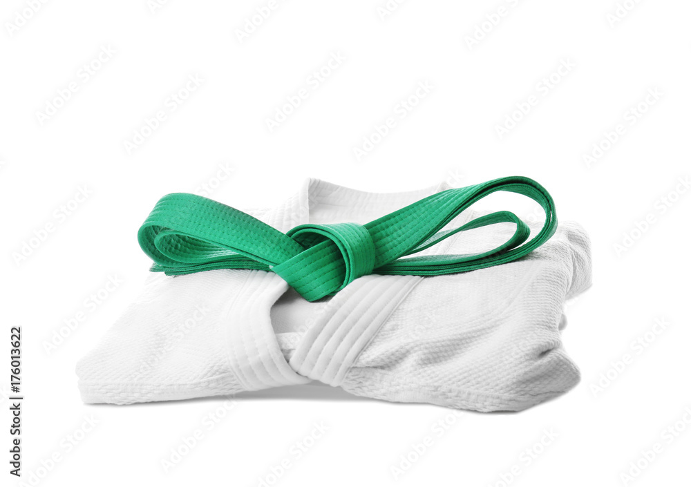 Karate uniform with green belt on white background Stock Photo | Adobe Stock