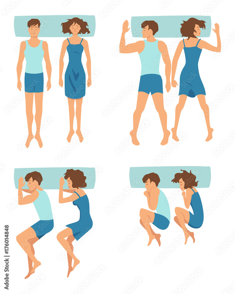 Obraz premium Top view of couple sleeping together in different funny positions. Vector collection in cartoon style