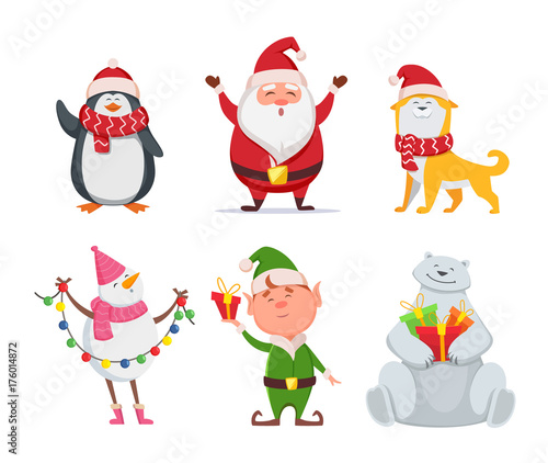 Christmas characters in cartoon style. Santa, yellow dog, elf. Penguin and snowman