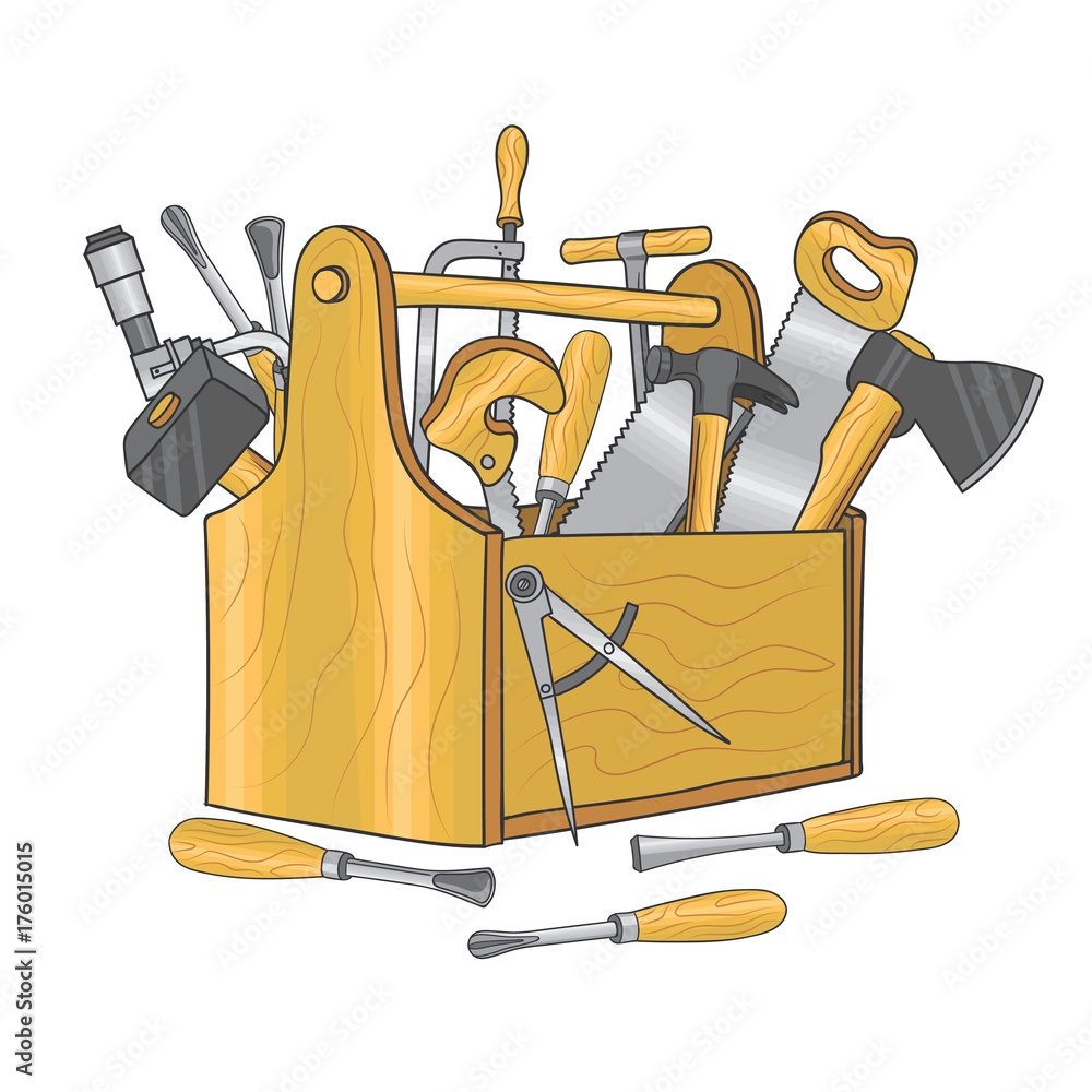 Fotografie Wooden box for carpentry tools. Hand drawn vector illustration