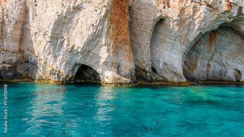 Famous Blue Caves and amazing rocks near Skinari Cape. Zakynthos Island, Greece. © vivoo