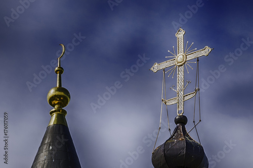 Islam and christian symbol toghether, concept of religions in peace
