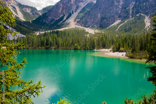 Braies lake under Alps with turquoise water 1