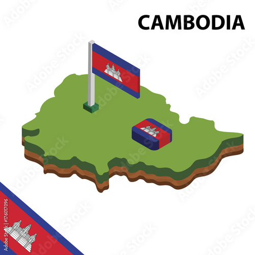 Isometric map and flag of CAMBODIA. 3D isometric Vector Illustration