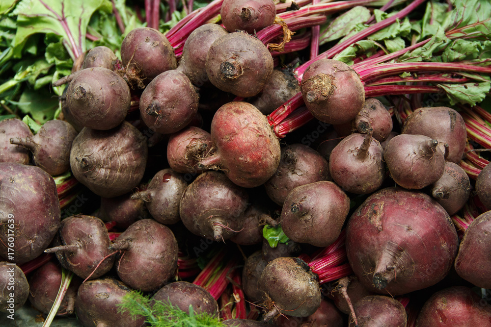 Red beets with tops on farmer's market