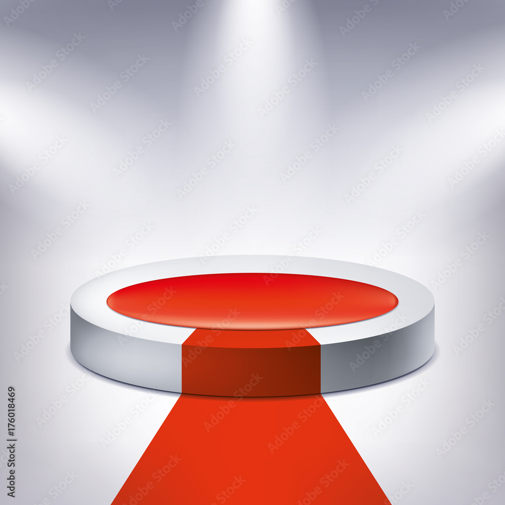 Obraz premium Illuminated podium, red carpet, award pedestal, geometry shape, vector design object for you project
