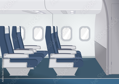 Aircraft interior with windows and passenger seats. Vector illustration.