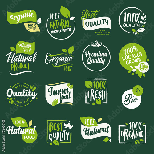 Set of stickers and badges for organic food and drink, restaurant, food store, natural products, farm fresh food,  e-commerce, healthy product promotion.