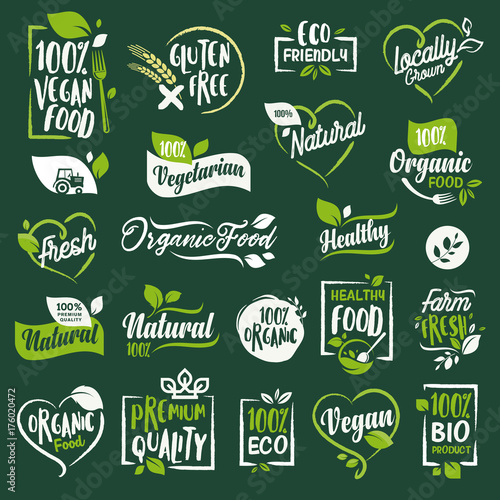 Set of signs and elements for organic food and drink, restaurant, food store, natural products, farm fresh food,  e-commerce, healthy product promotion.