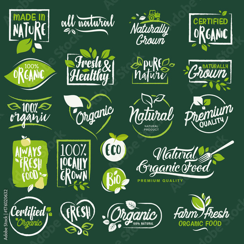 Set of labels and badges for organic food and drink, restaurant, food store, natural products, farm fresh food,  e-commerce, healthy product promotion.