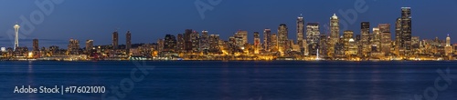 Seattle skyline at night, panoramic photo