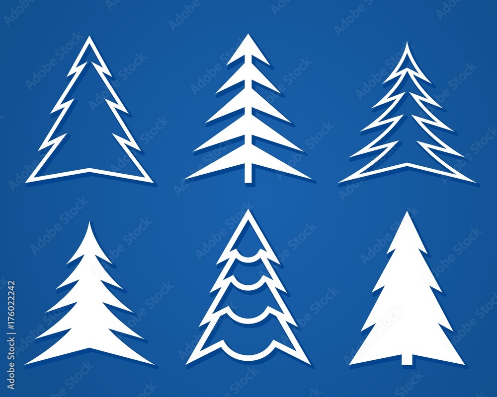 Set of white Christmas trees. Flat design. Raster illustration.