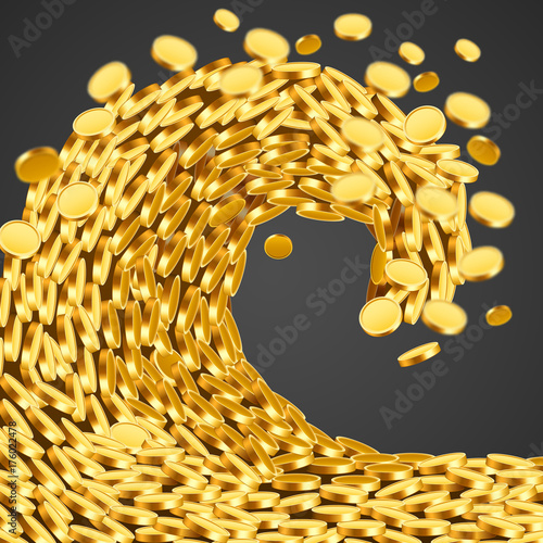 The wave of money. Huge tsunami wave of gold coins. Success and good profits concept.